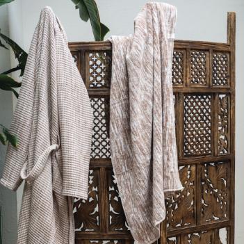 Халат вафельный кимоно унисекс мраморный Marble L/XL - Белый / Кофе с молоком от Hamam премиум турция