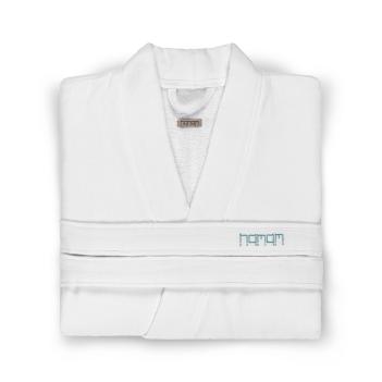 Халат белый изнутри махровый снаружи гладкотканный в полоску Marine Stiped S/M - Белый / Изумрудный