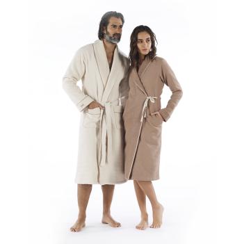 Халат премиум мужской Tosya (Тося) от Hamam (Хамам) L / XL - Белый / Коричневый вафельный снаружи, махровый - внутри