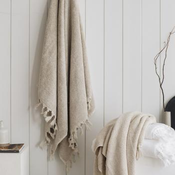 Полотенце льняное для бани / сауны / хамам с бахромой 100х180 Tierra Linen - Белое