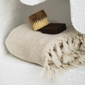 Полотенце тонкое льняное для бани / сауны / хамам с бахромой 50х100 Tierra Linen - Бежевое